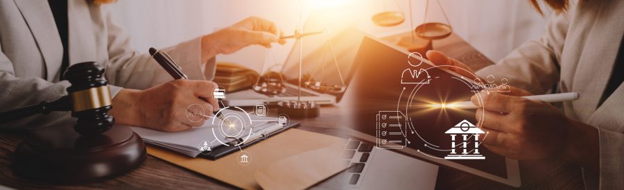 Law firm office, Selective focus judges gavel, businesswoman or female lawyer making contract paper with law book, scales of justice, document legal, justice advice service concept.
